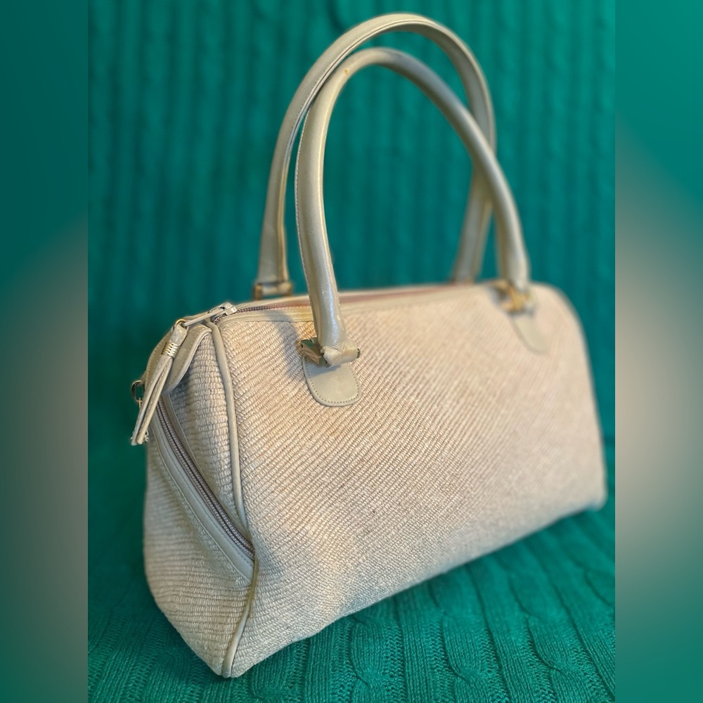 Vintage Morris Moskowitz Tweed Doctor-Style Handbag Taupe Leather Trim 2 Pockets